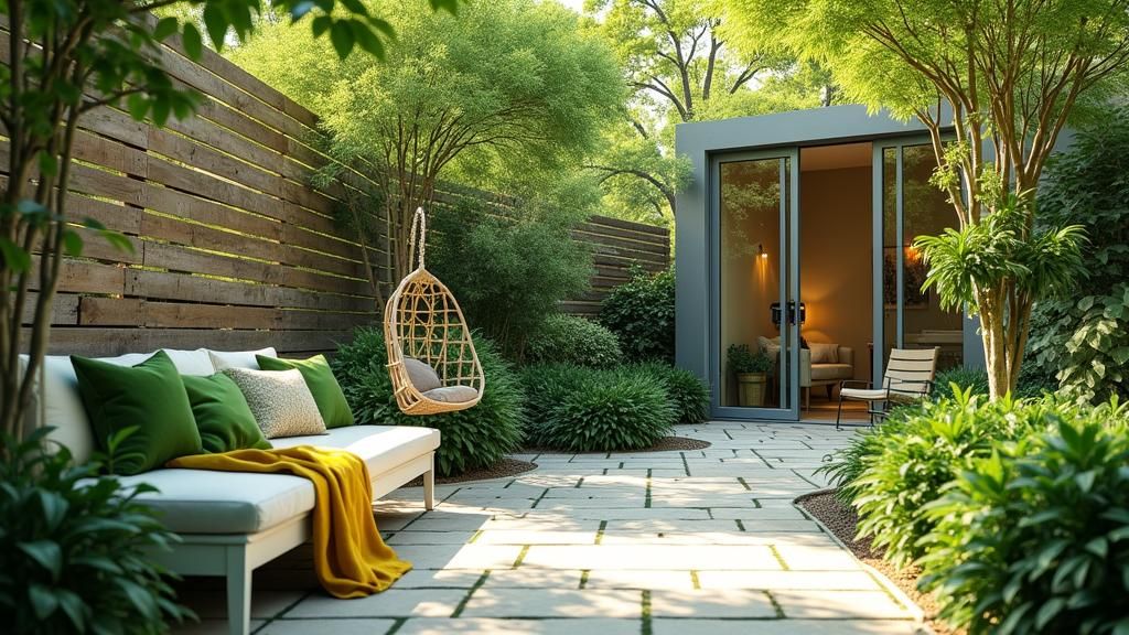 Serene Garden Oasis with Seating Area and Modern Room