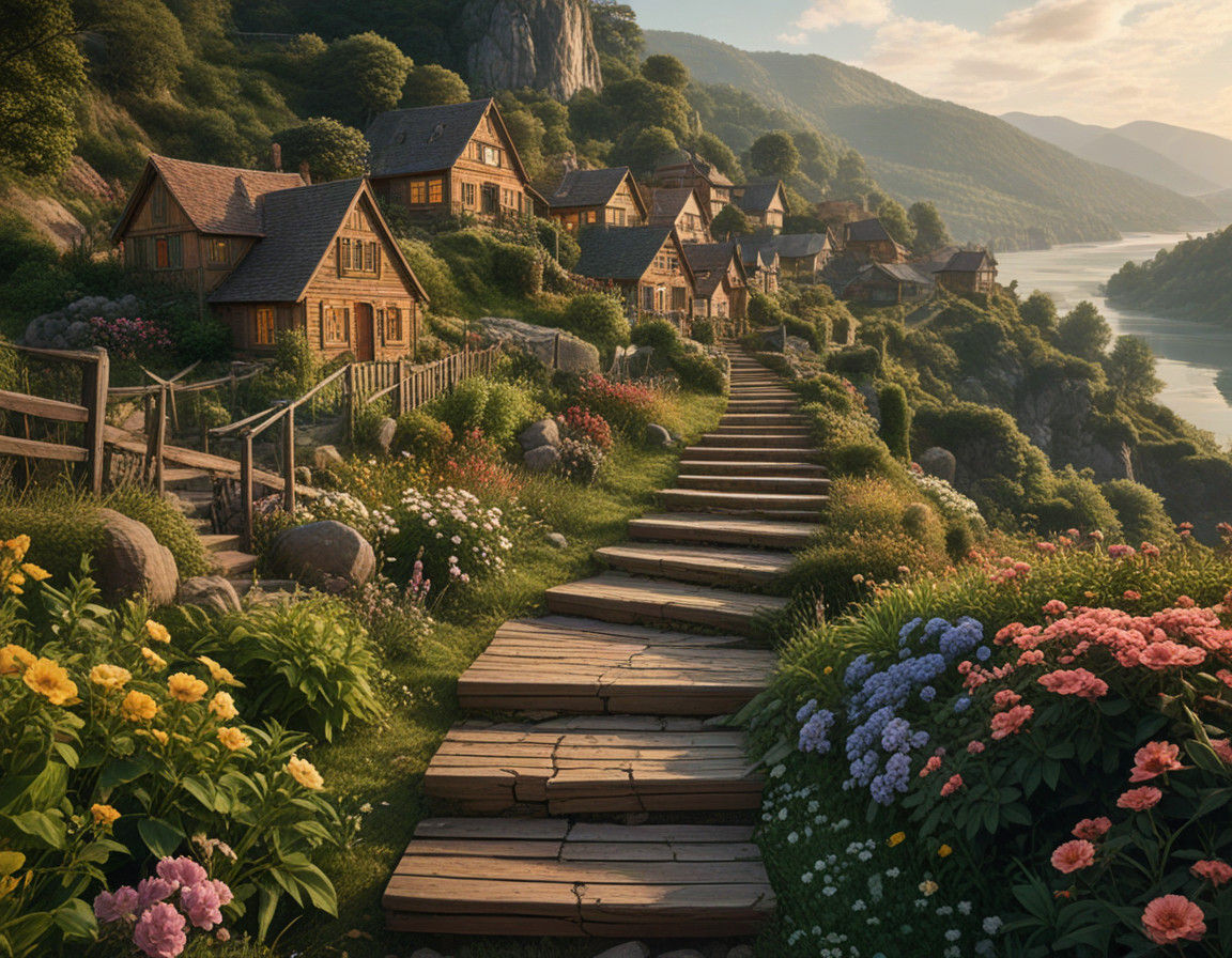 Epic Wooden Steps Lead to Whimsical Village Houses in Golden...
