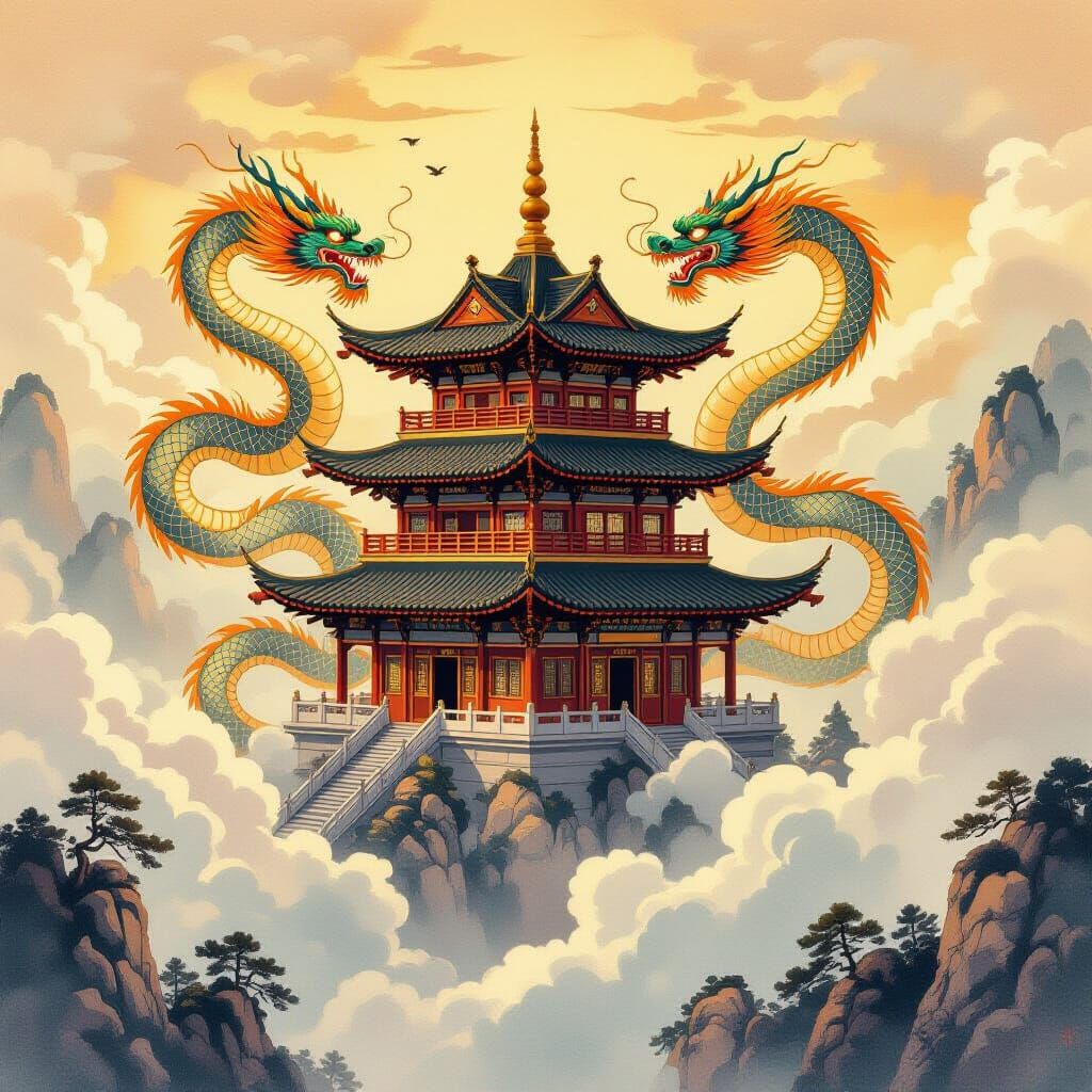 Ancient Pagoda in Clouds with Dragons, Chinese Ink Wash Styl...
