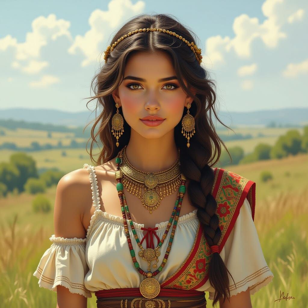Bronze Age Girl in Lush Ancient Landscape