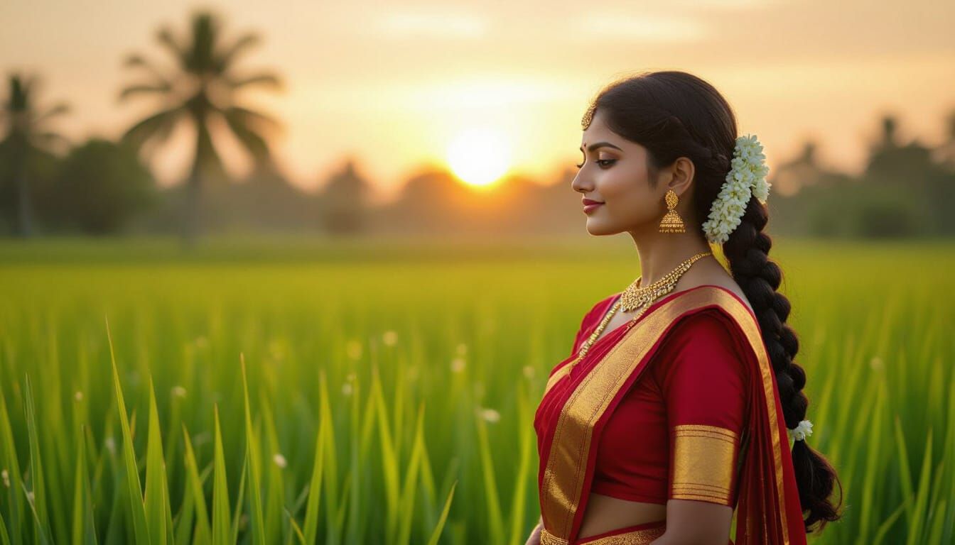 Kerala Woman in Kasavu Saree in Paddy Field, Traditional Art