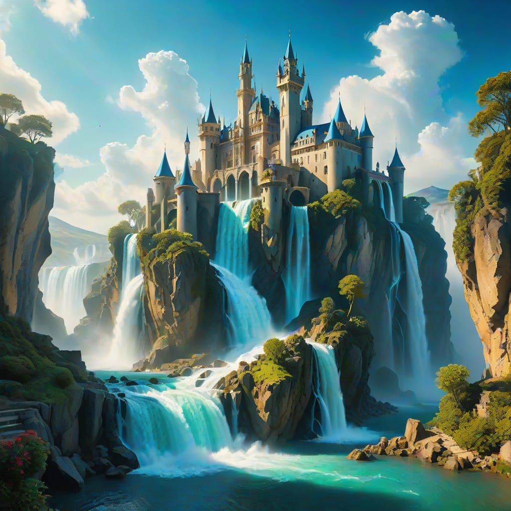 A grand fantasy castle emerging *from* a powerful waterfall,...