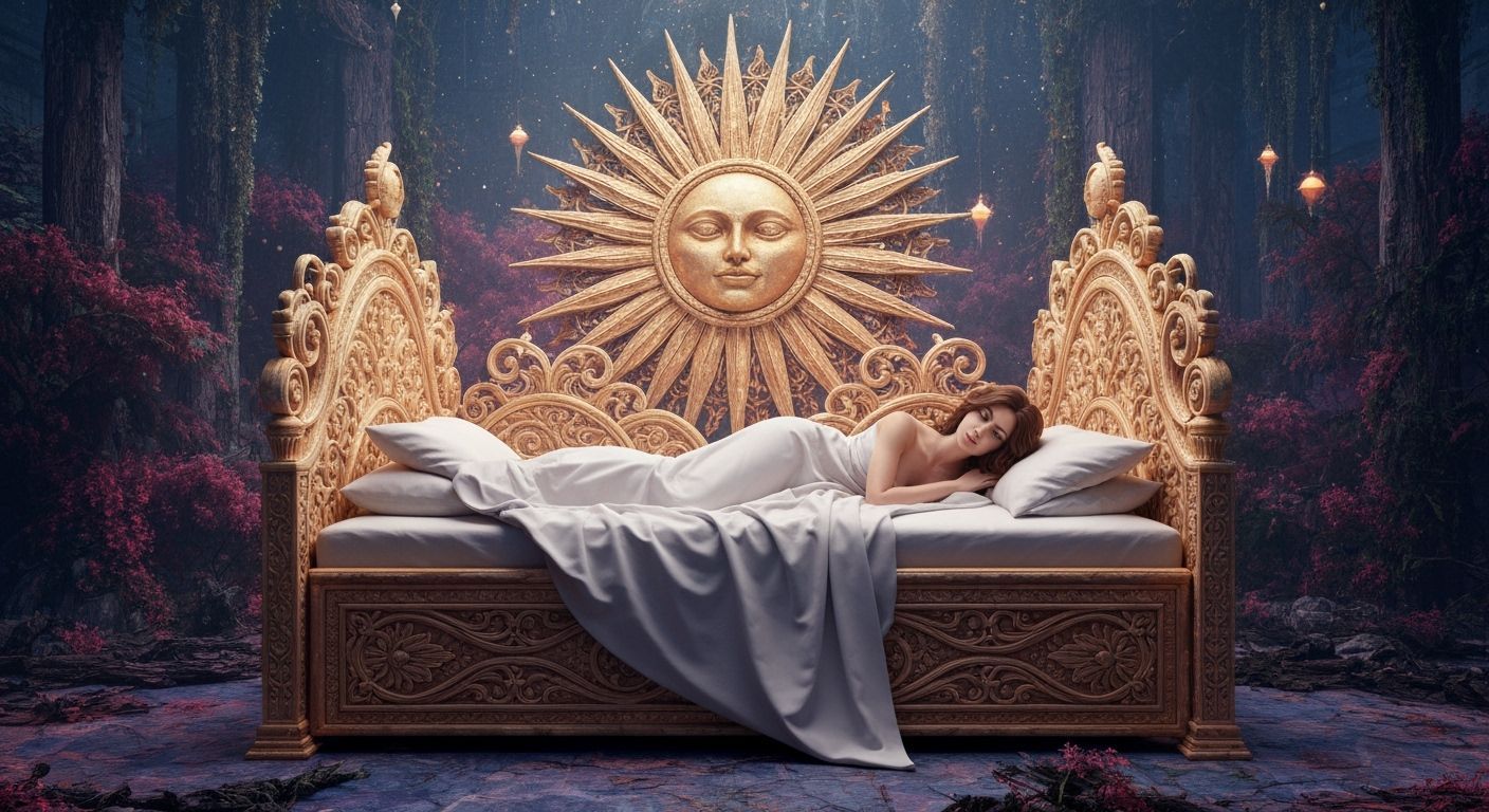 Surreal Woman in Sun and Moon Bed