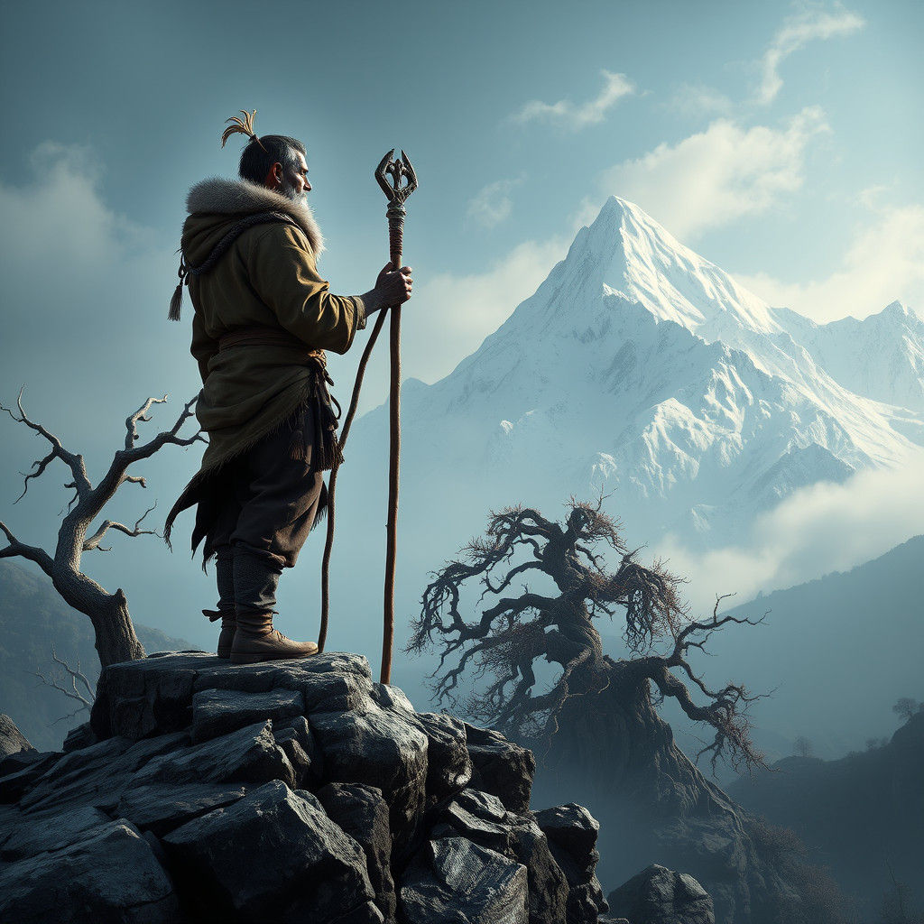 Himalayan Shepherd in Mystical Landscape, 3D Realism