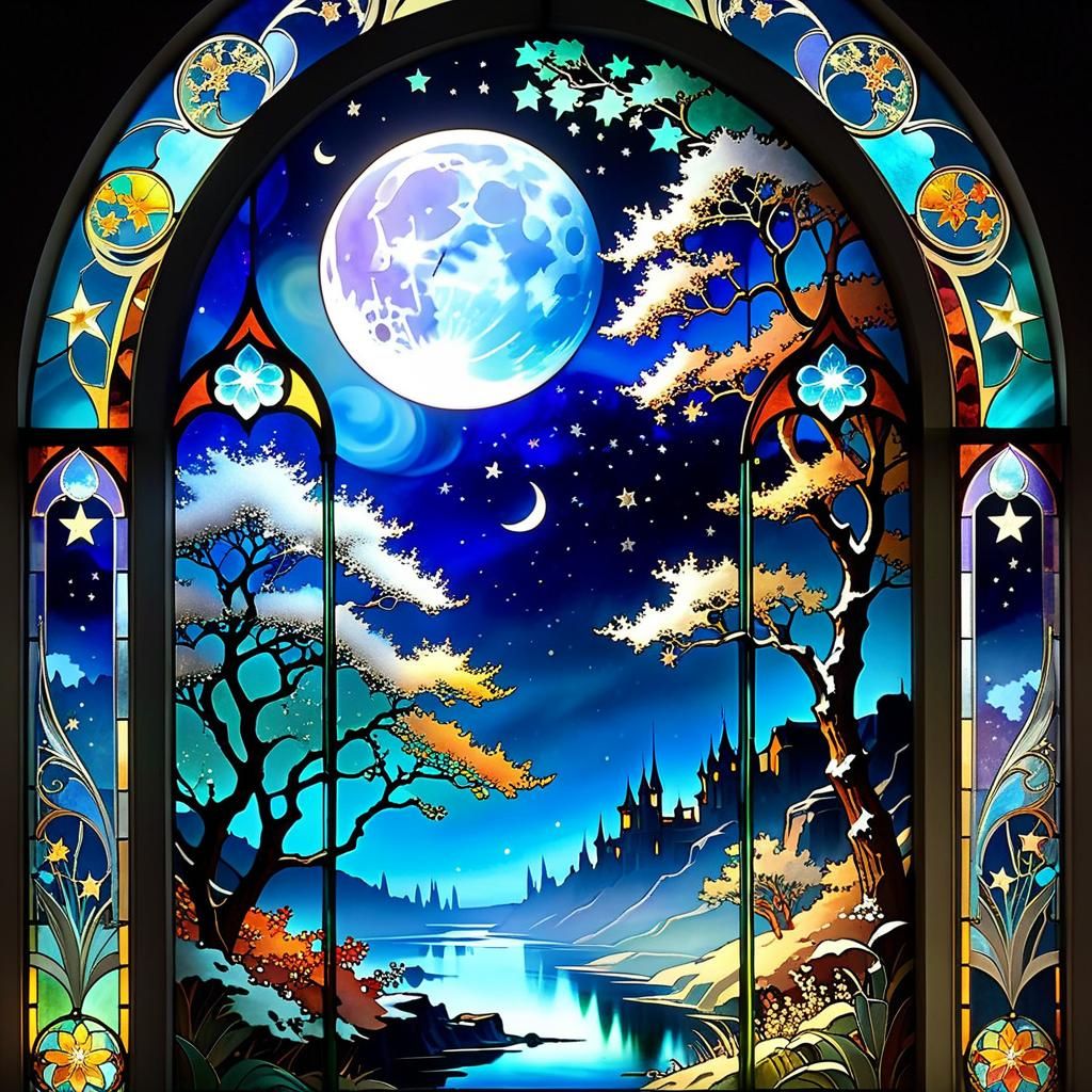 Stained Glass Nightscape in Mucha Style