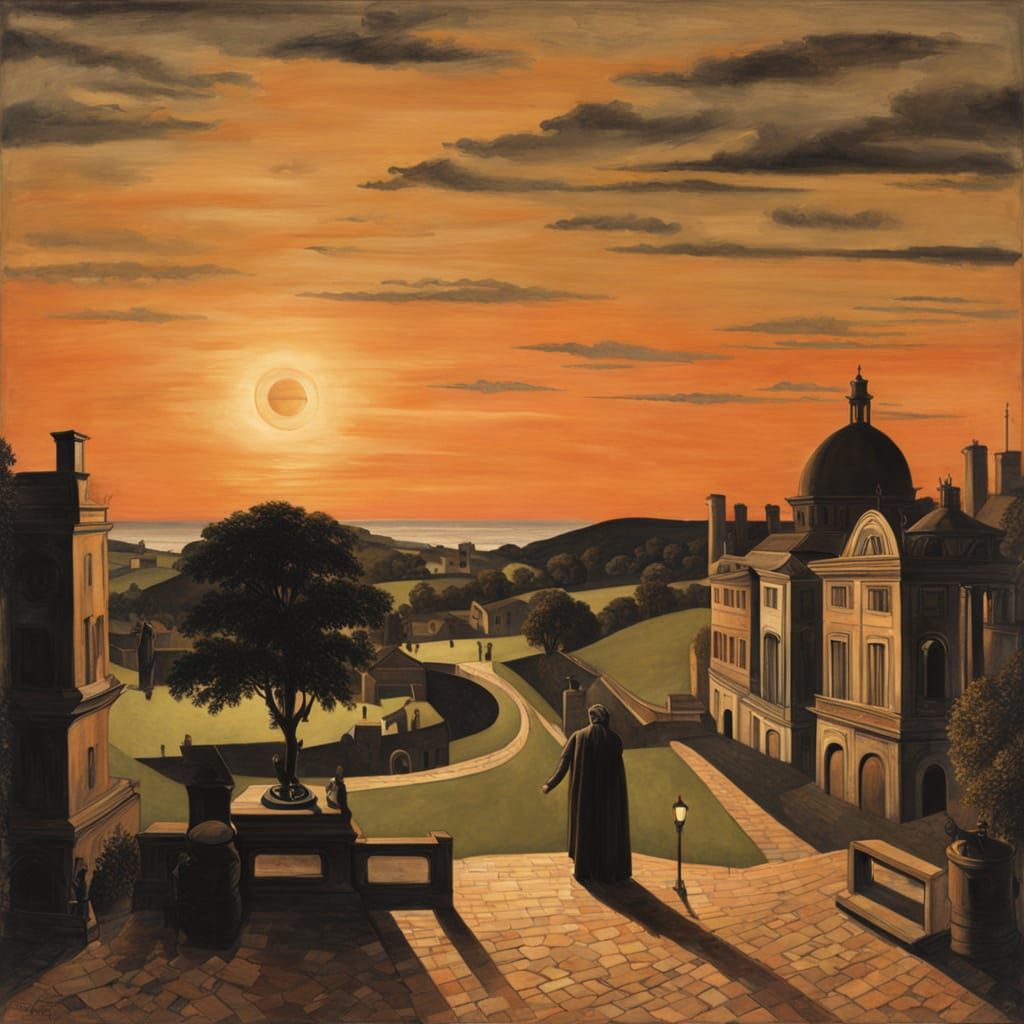 Surreal Sunset Landscape in Paul Delvaux Style