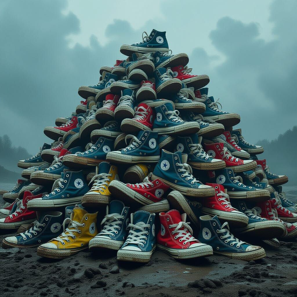 Monumental Pile of Worn Sneakers in Cinematic Style