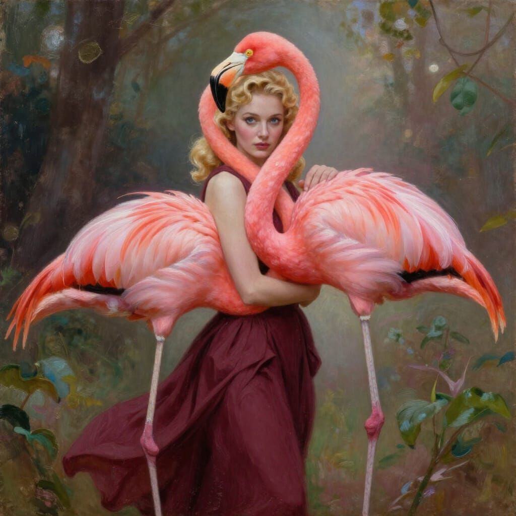 Pin-Up Woman Hugged by Magical Pink Flamingo