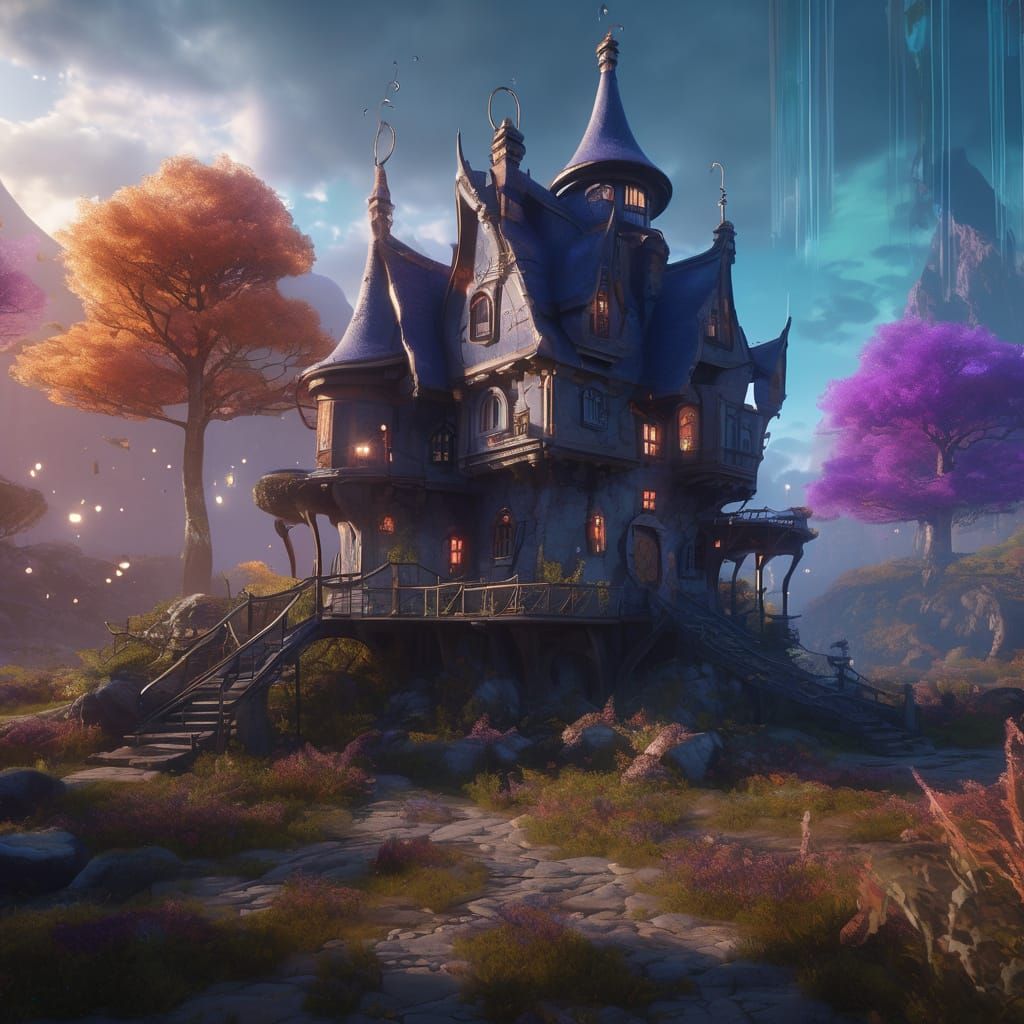 Enchanted Fairy Witch House in Bioluminescent Forest