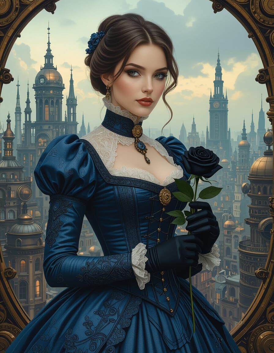 Steampunk Woman in Victorian Dress with Black Rose