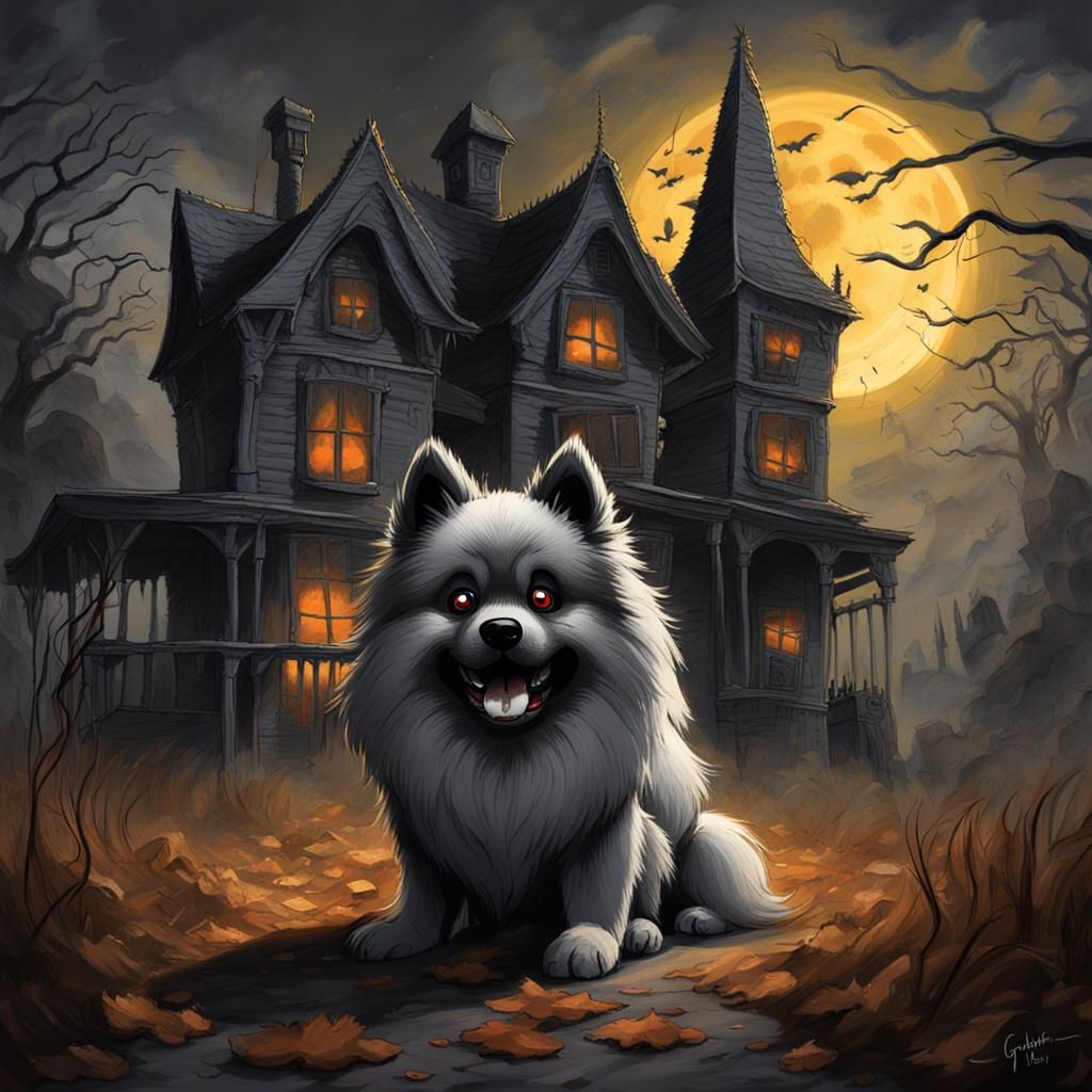 Keeshond in Frightening Costume at Haunted House