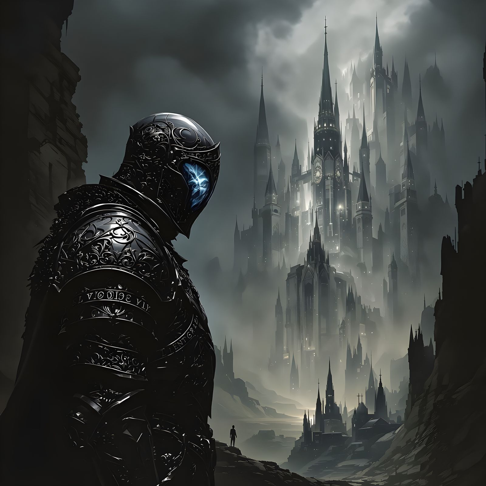 Gothic Knight Contemplates Spectral Cityscape