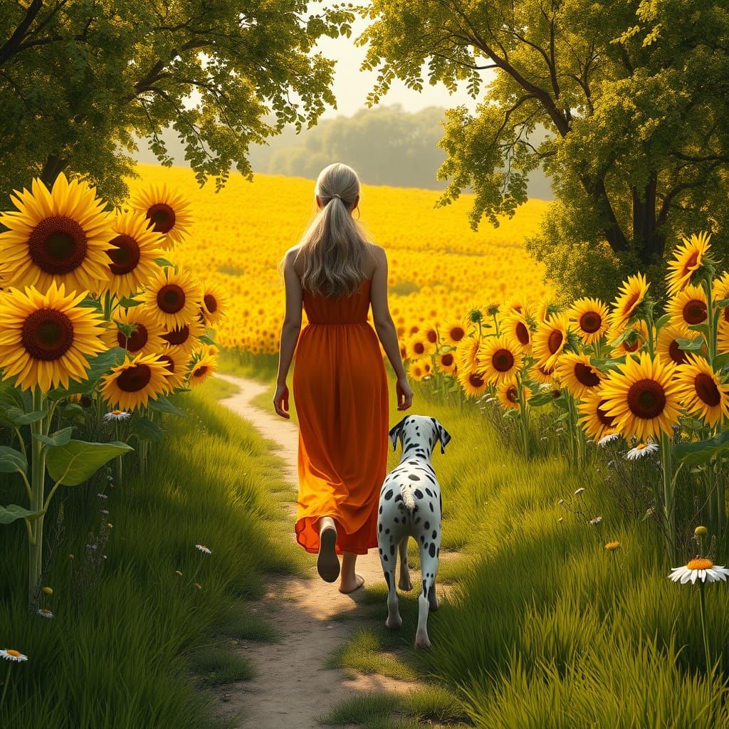 Woman and Dalmatian Walk Along Winding Dirt Path in Vibrant ...