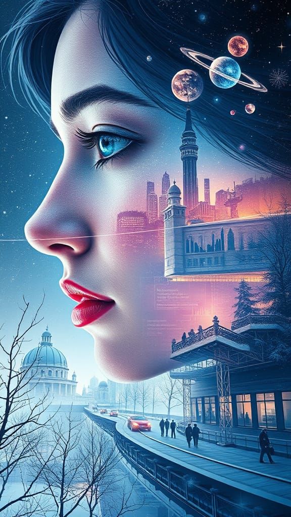 Futuristic Portrait: Woman Merged with Winter Cityscape