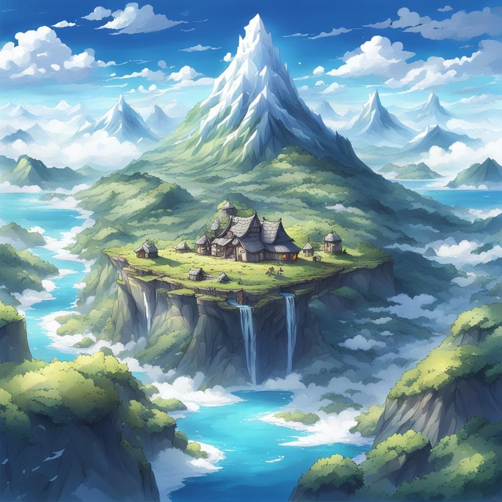 Snowy Mountain Island in Anime Style