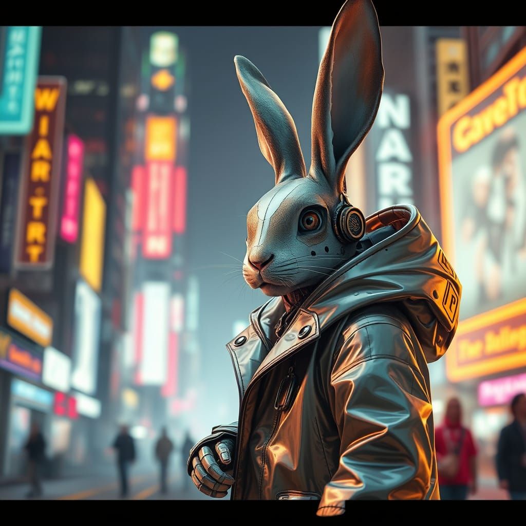 Futuristic Robot Rabbit in Neon City, Cyberpunk Concept Art