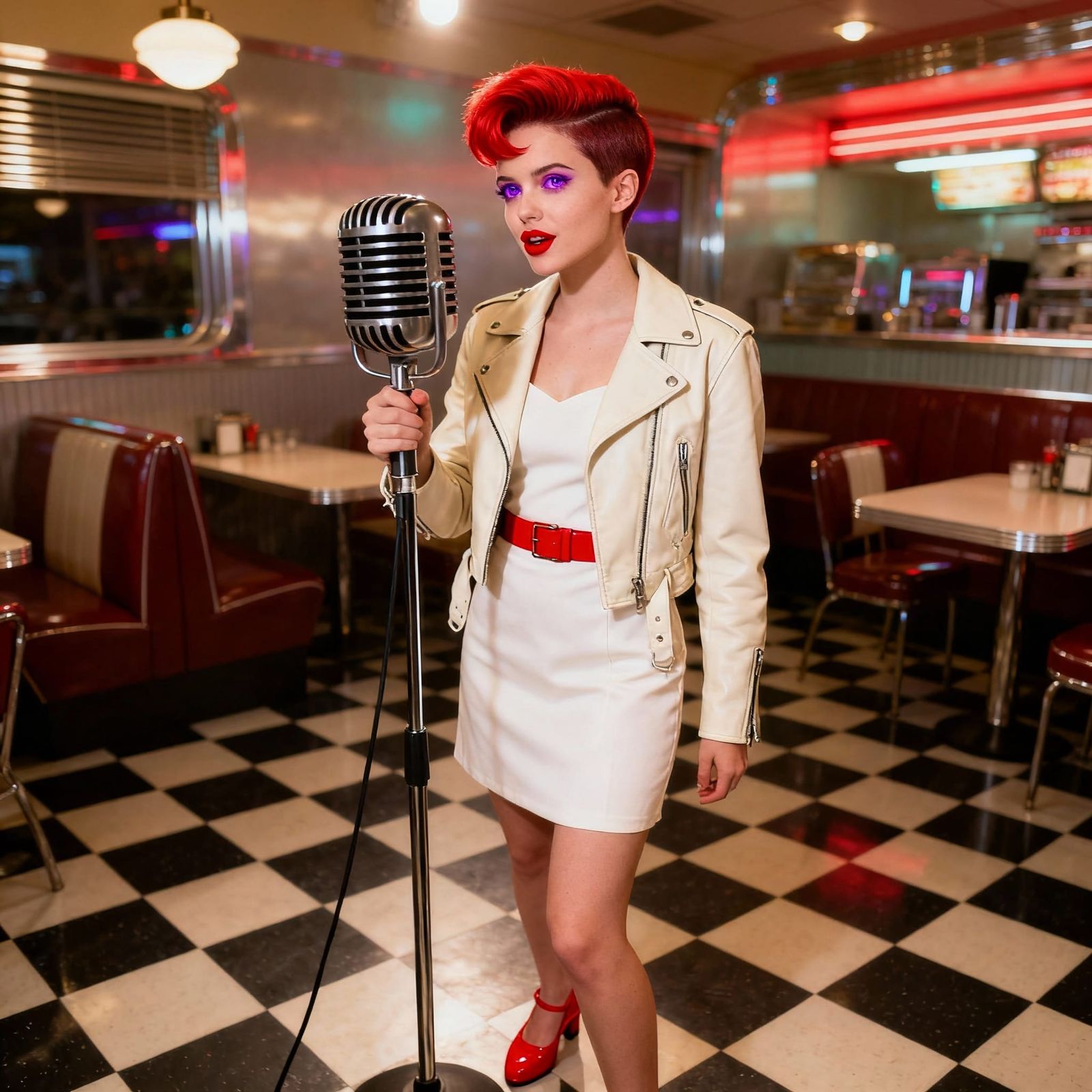 Red Haired Woman in 1950s Diner with Microphone
