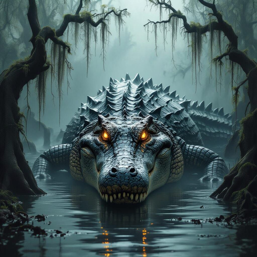 Ancient Crocodile Emerges from Misty Swamp in Gritty Realism...