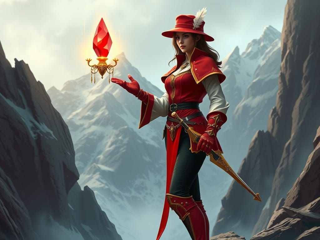 Elegant Red Mage Stands Amidst Mystical Mountain Landscape