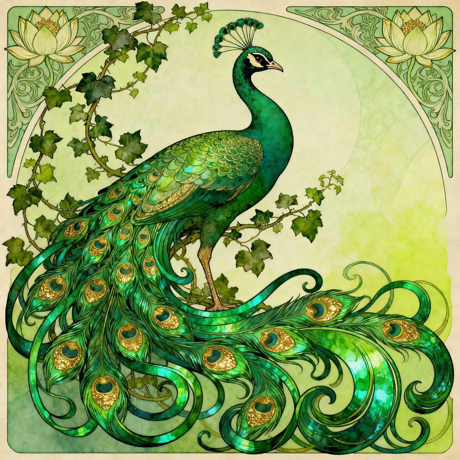 Elegant Art Nouveau Peacock Botanical Portrait
