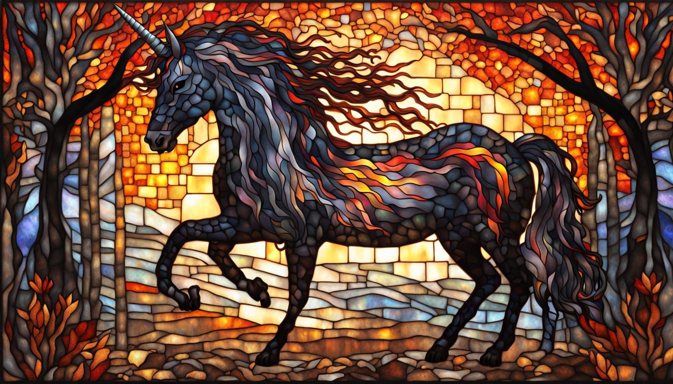 Fiery Unicorn in Burning Forest Mosaic
