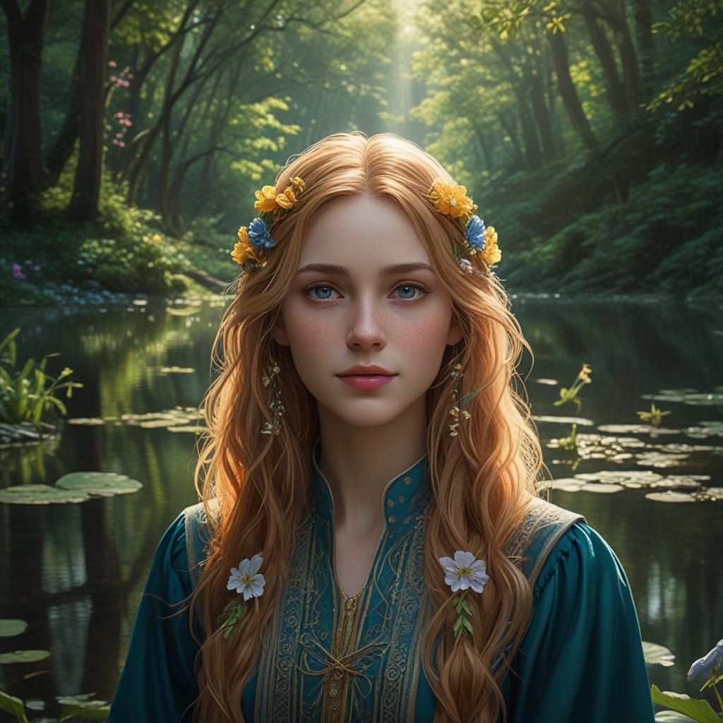 Lady of the Emerald Lake with Golden Hair and Blue Eyes