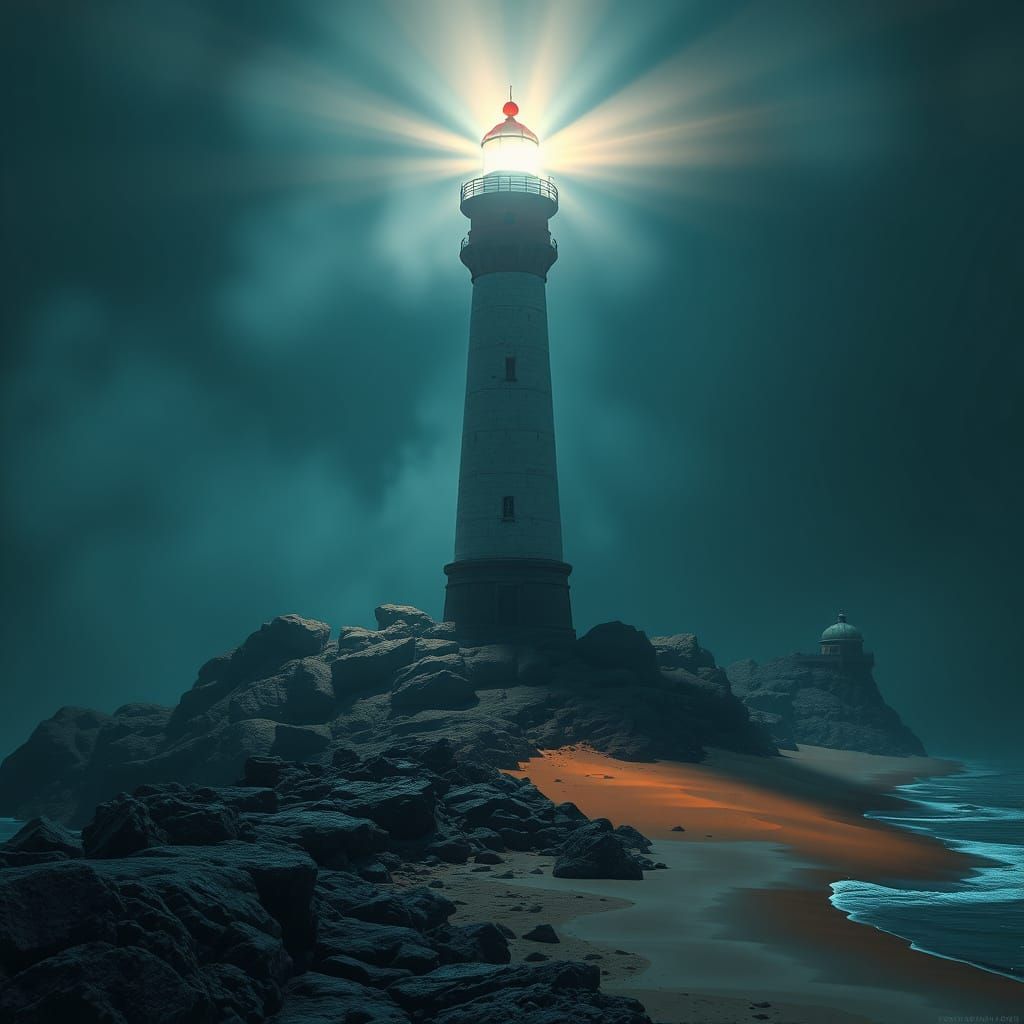 Lighthouse Radiates Light onto Foggy Coastline