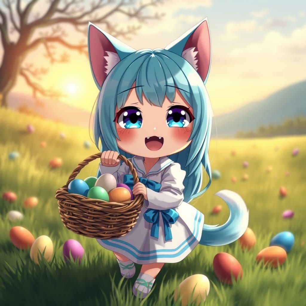 Cute Anime Catgirl Delights in Easter Egg Hunt