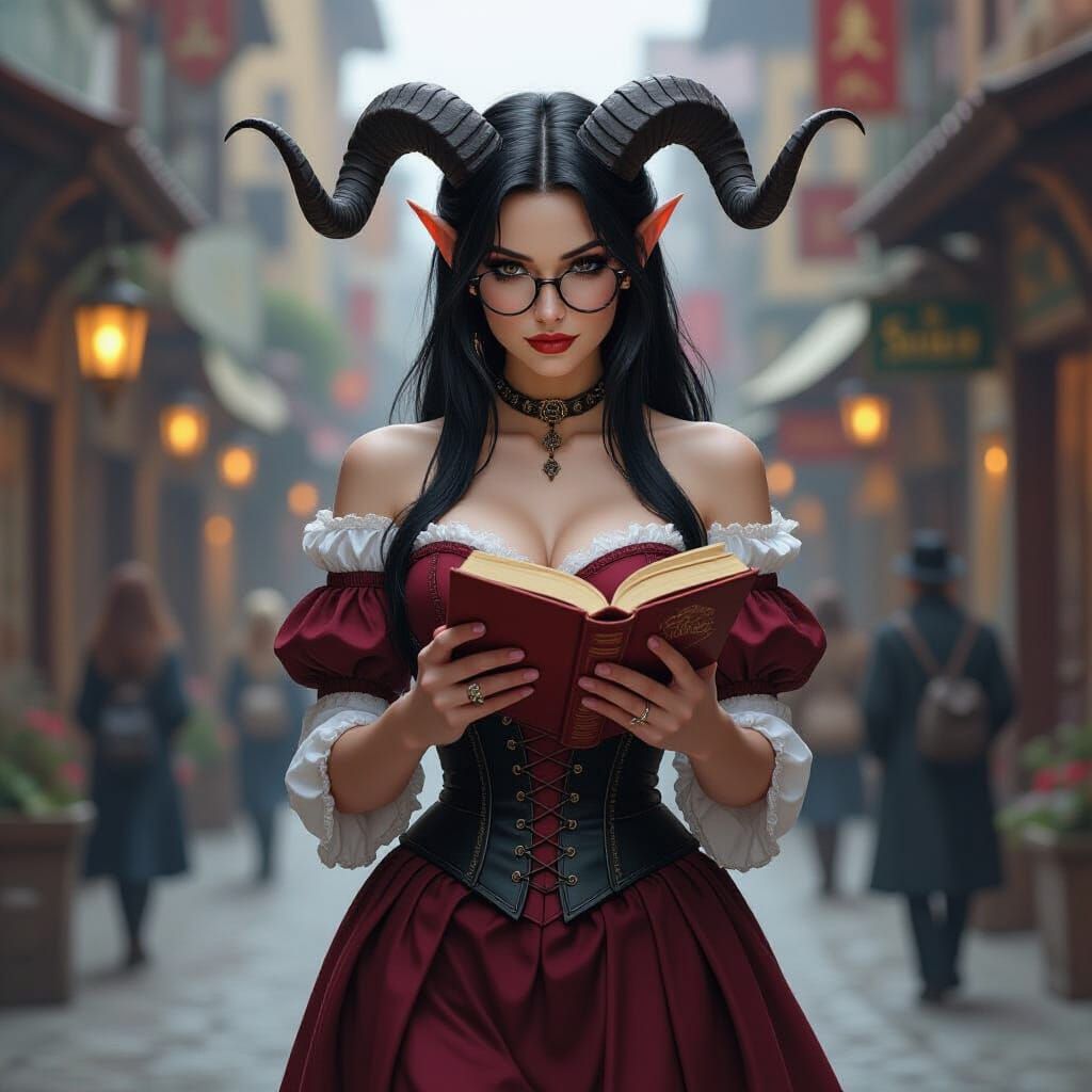 Tiefling Woman Reading in Bustling Fantasy City