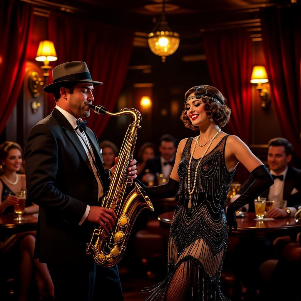 1920s Speakeasy Saxophonist with Dancing Flapper