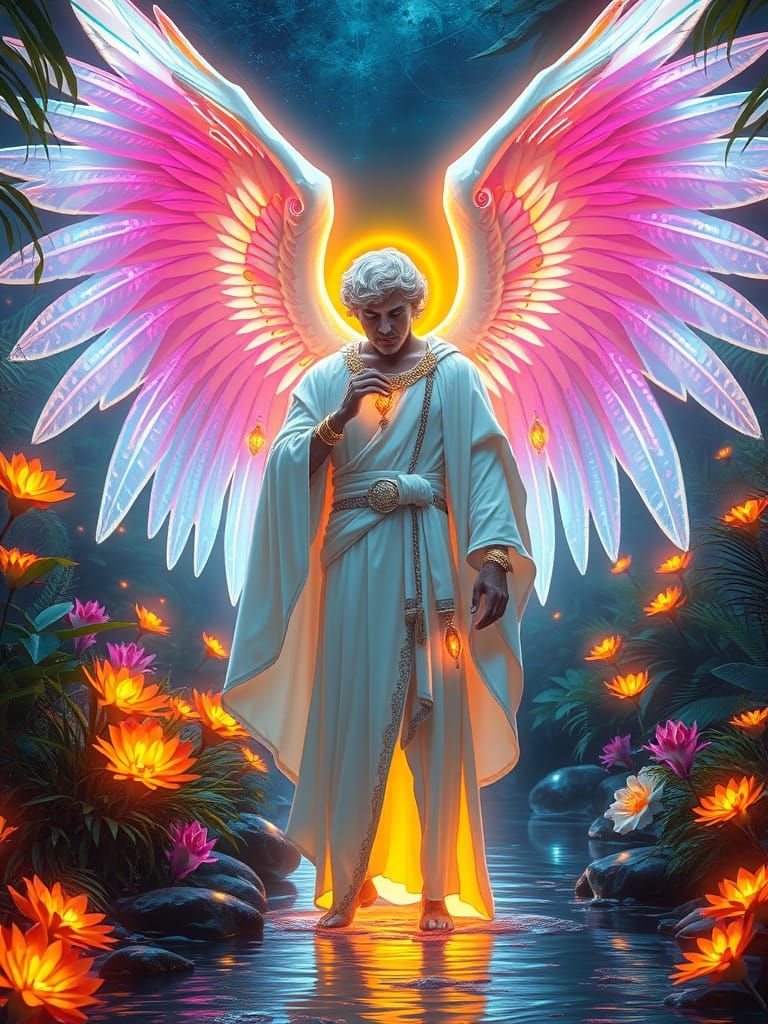 Archangel in Bioluminescent Garden, Syd Mead Style