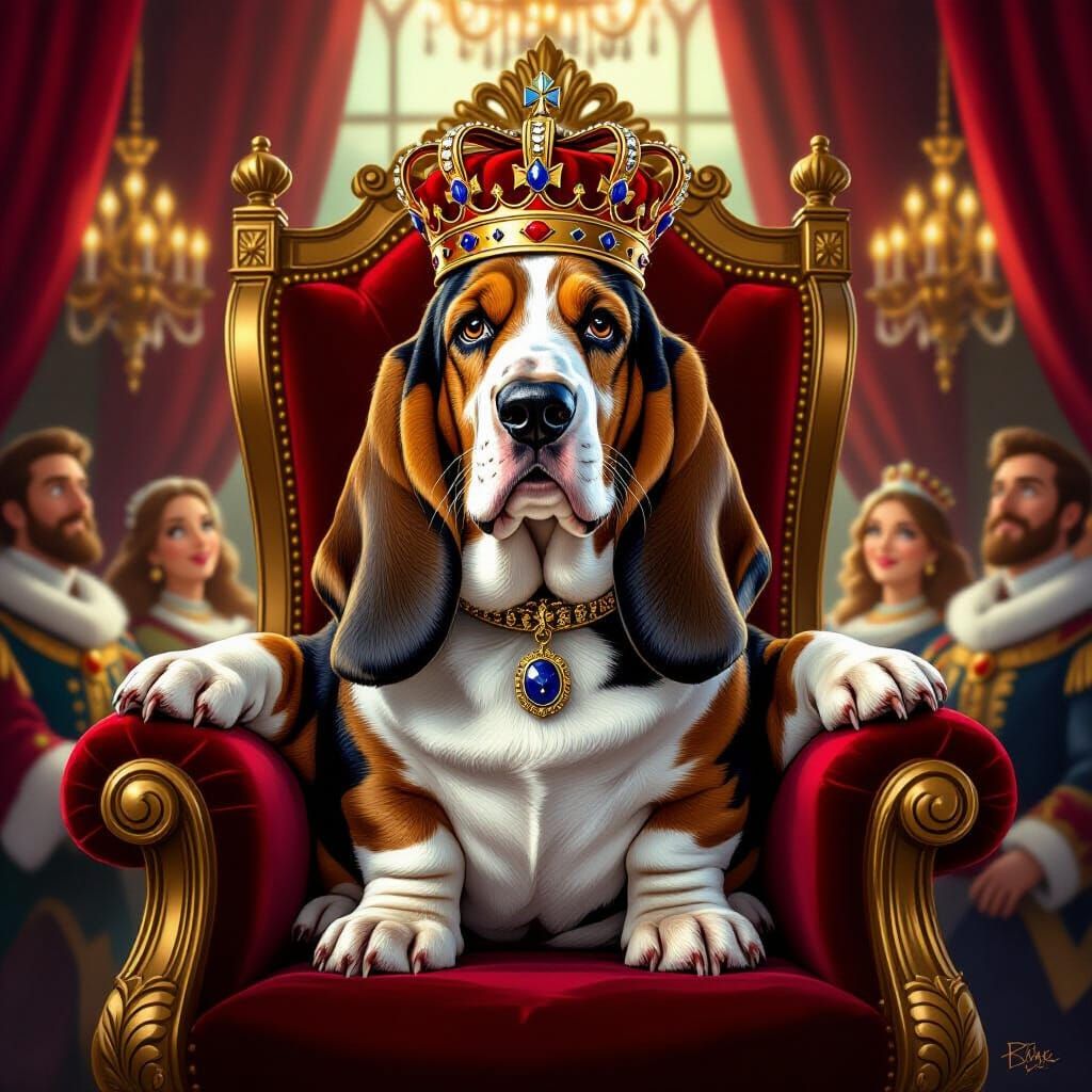 Royal Basset Hound on Throne in Whimsical Painterly Style