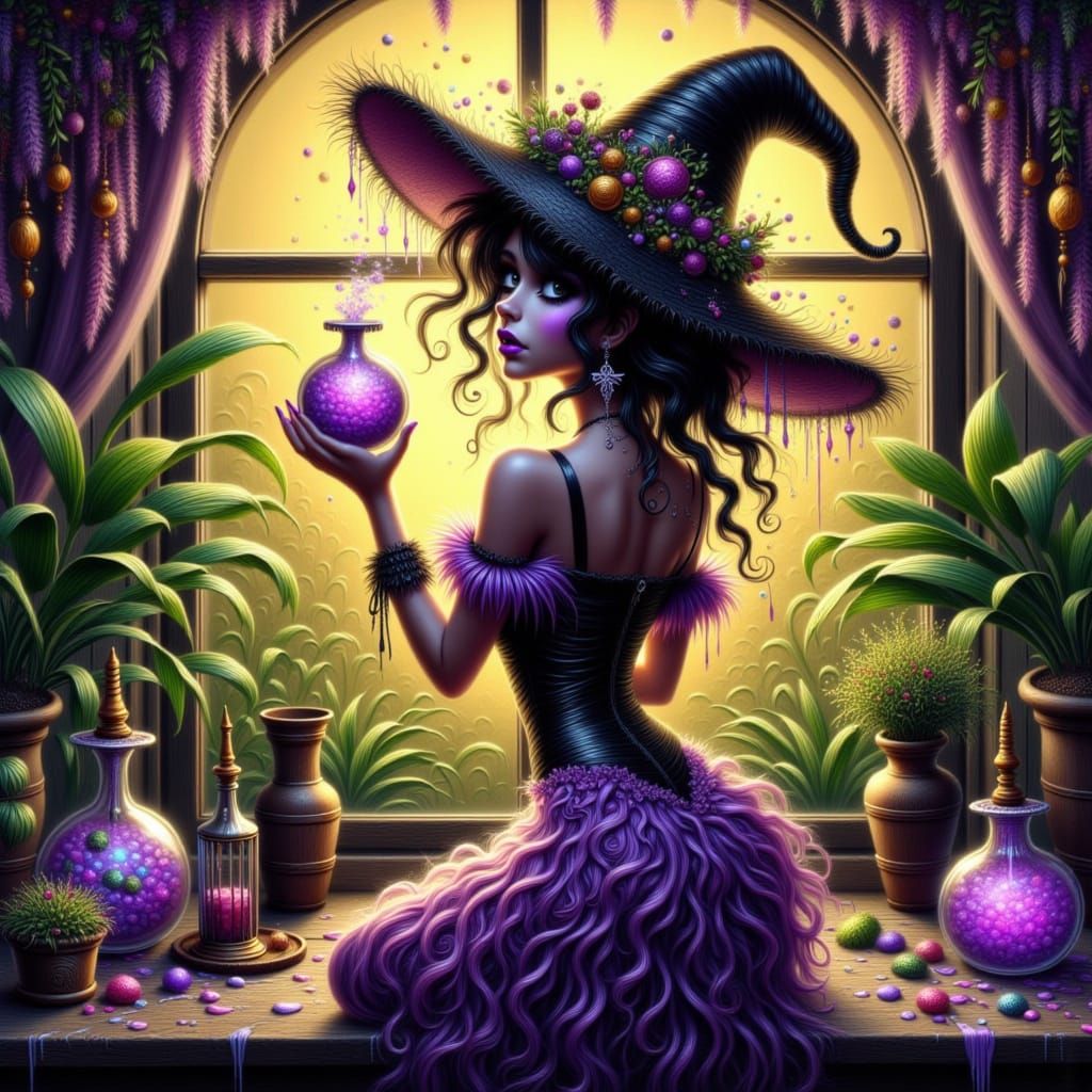 Art Nouveau Witch Blends Potion in Urban Apartment