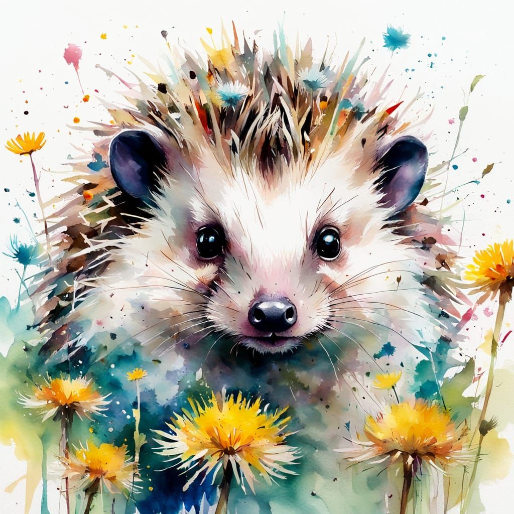 Hedgehog Portrait in Expressive Watercolour Style