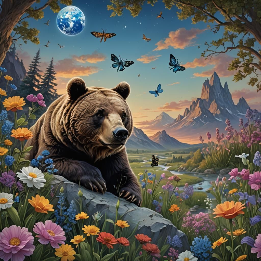 Bear and Rabbit Watch Earth Rise at Twilight