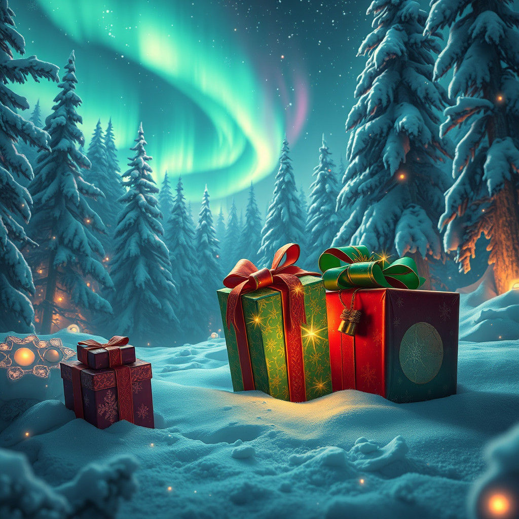 Magical Holiday Gifts in Snow-Covered Forest