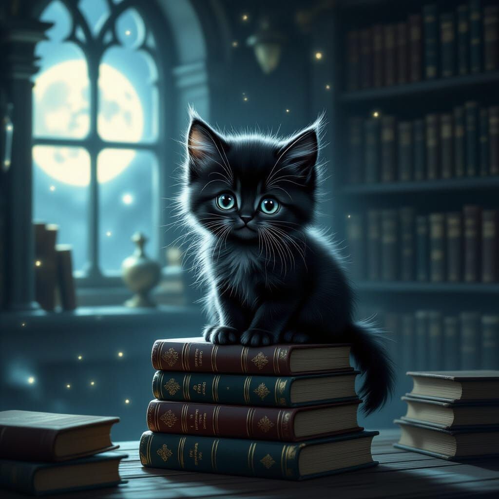 Gothic Kitten in Moonlit Library