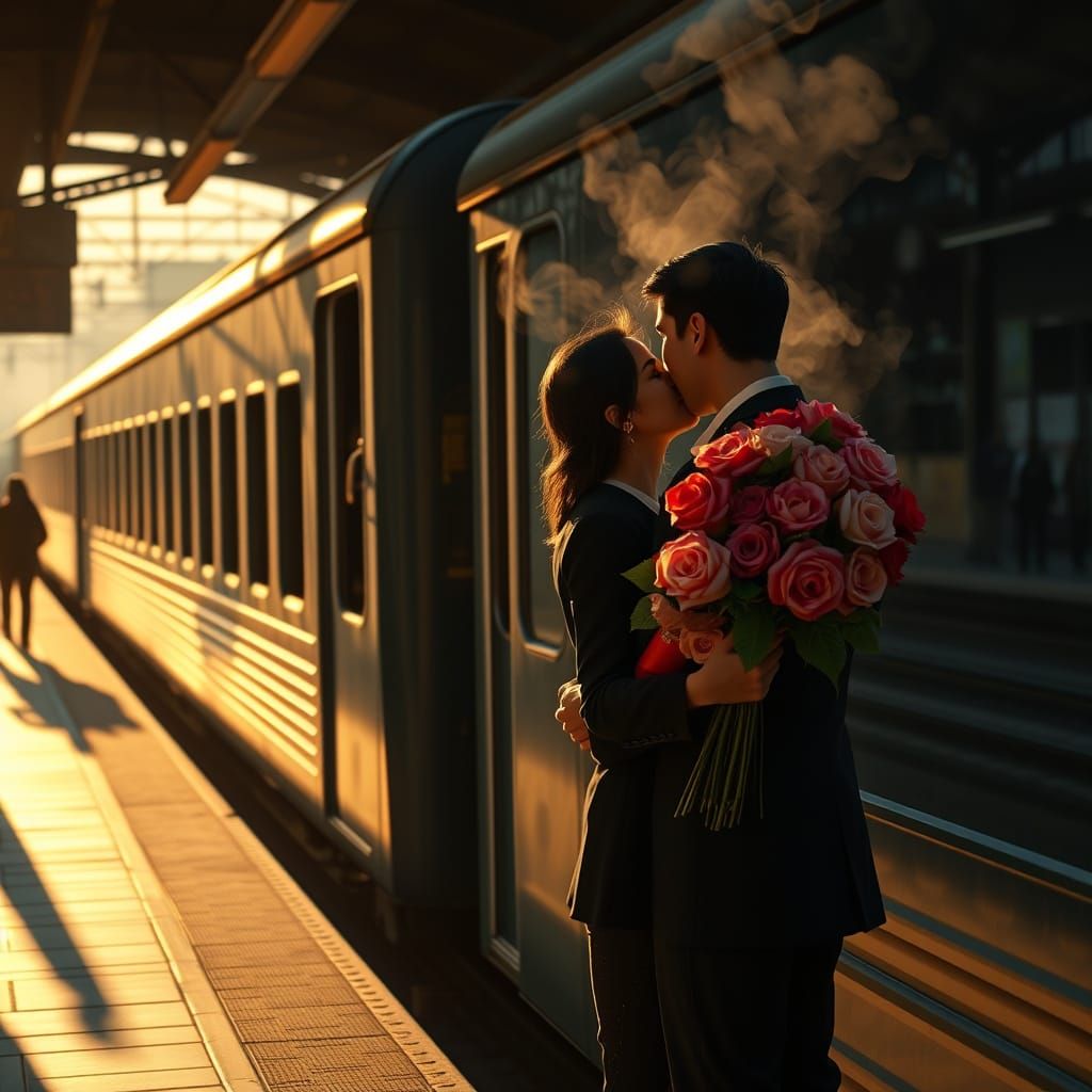 Poignant Train Station Kiss at Golden Hour