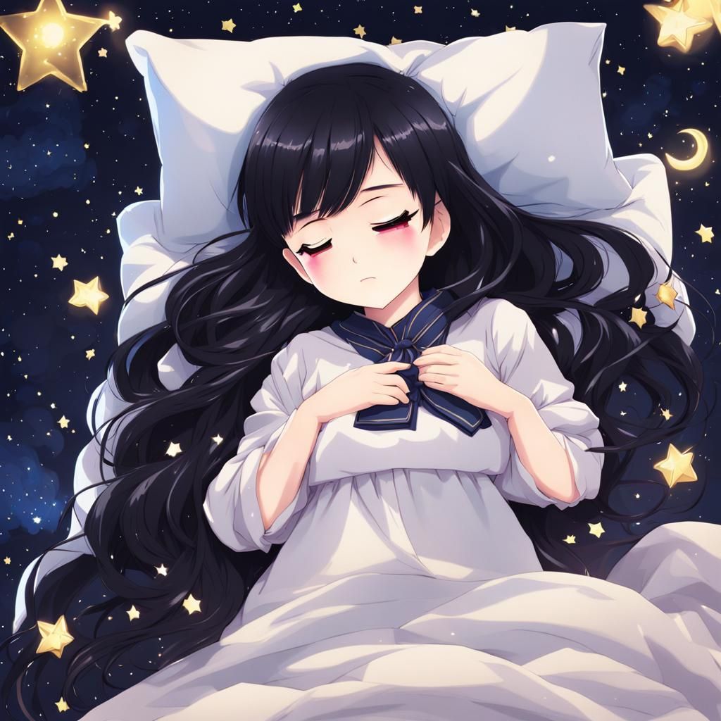 Anime Girl Sleeping in Starry Night Chibi Style