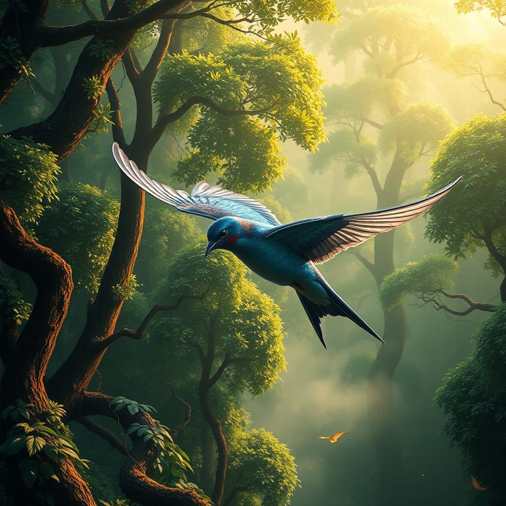 Swallow's Flight in Emerald Forest: Fantasy Concept Art