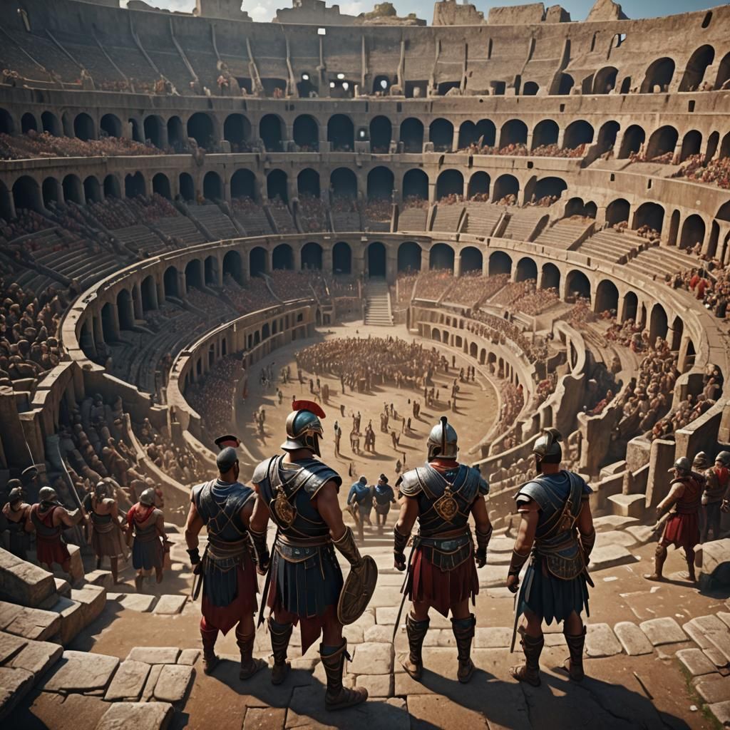 Gladiators Posing in Ancient Coliseum: Fantasy Concept Art