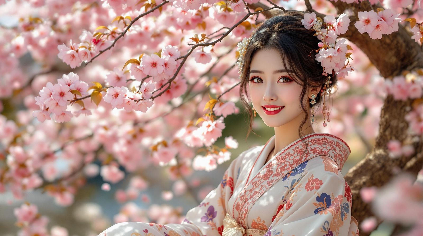 Ethereal Japanese Beauty Under Sakura Tree, Pre-Raphaelite S...