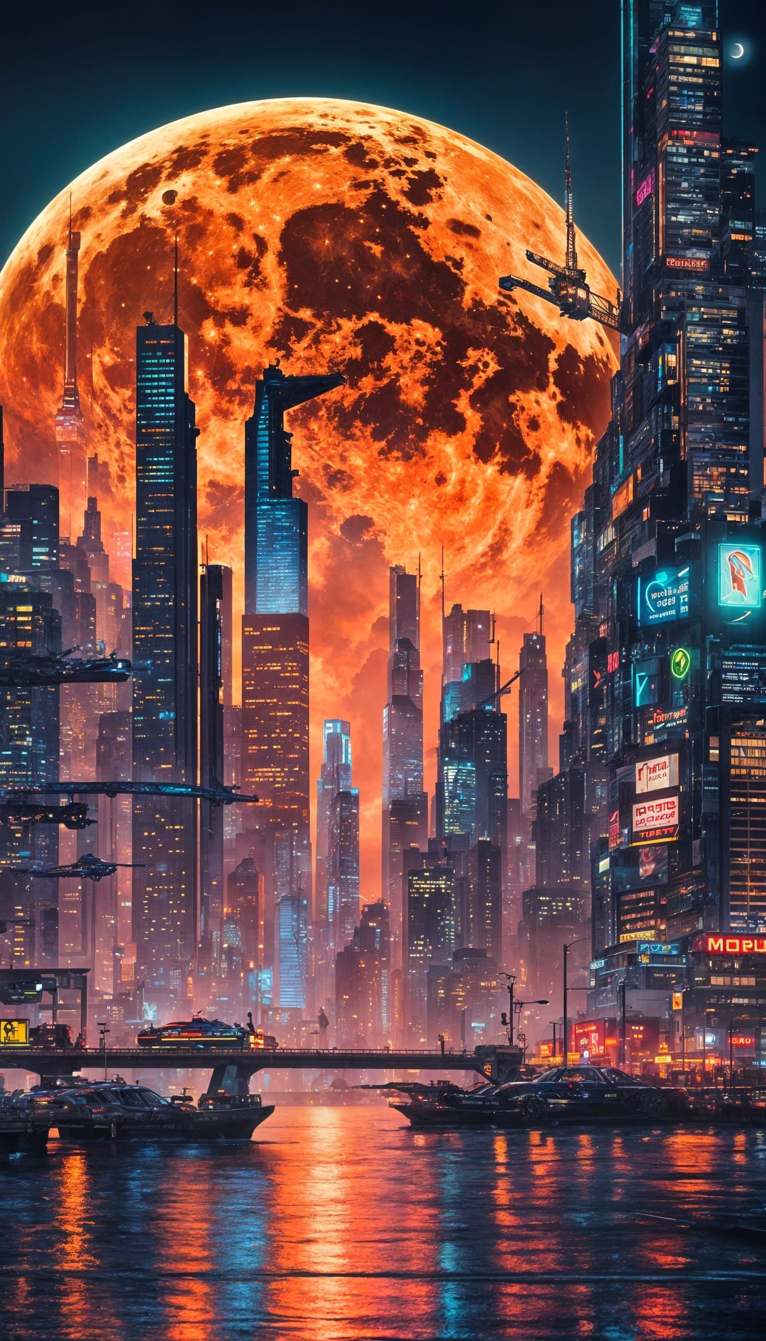 Cyberpunk Cityscape under Glowing Moonlight