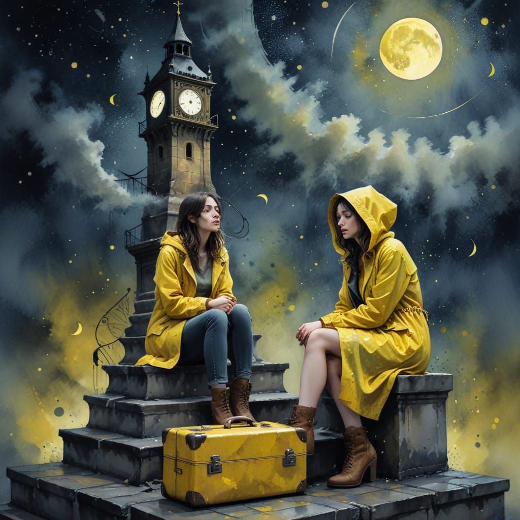 Woman on Suitcase Under Moonlit Galaxy, Watercolor Style