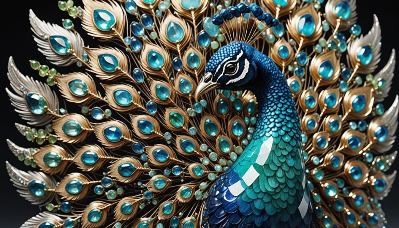 Gemstone Peacock Statue on Reflective Surface