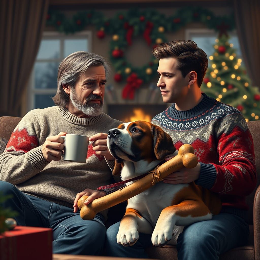 Cozy Christmas Scene with Two Men and a St Bernard Dog