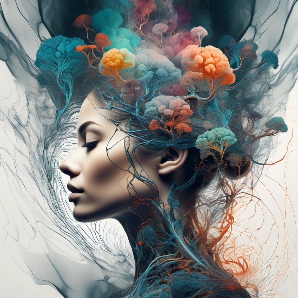 Beautiful Woman's Brain Scan in Surreal Double Exposure