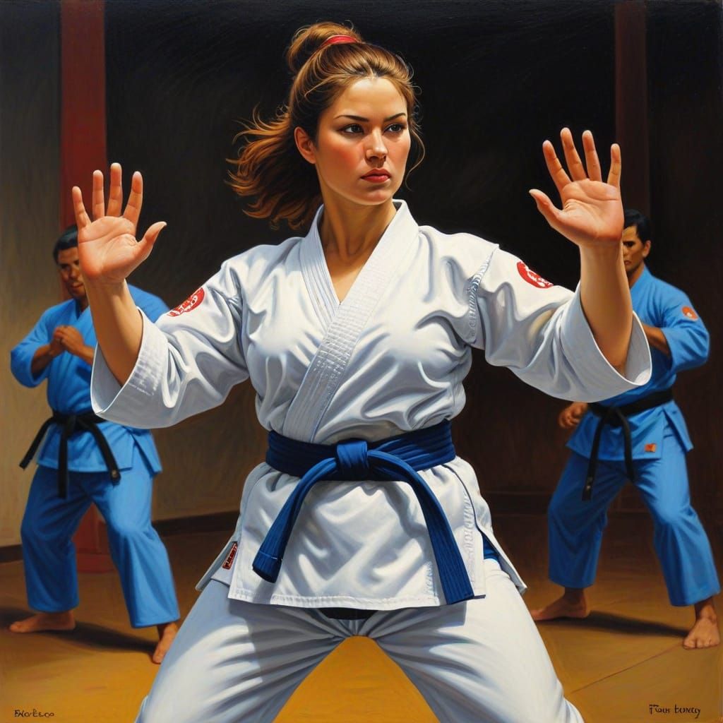 Karate Woman in Botero Style, Gurney Oil Painting