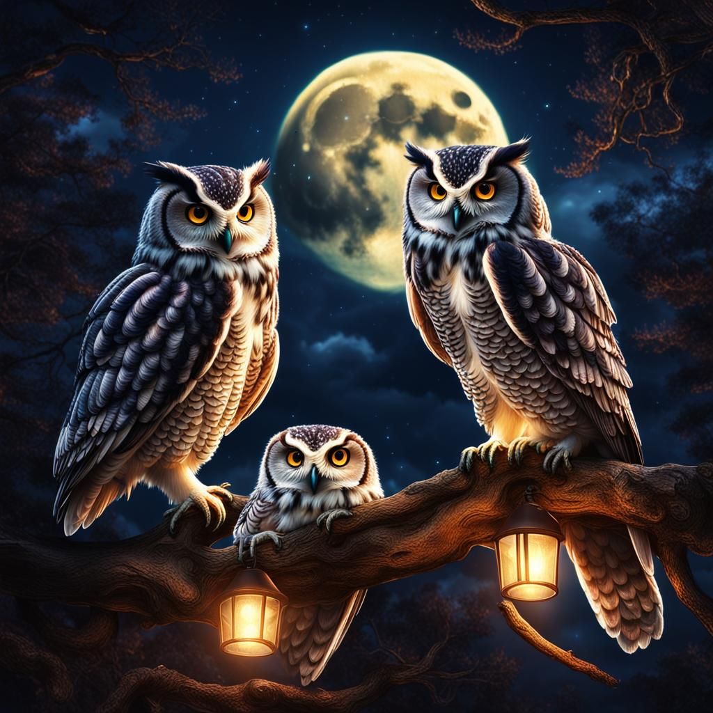 Hyperrealistic Owls in Starlit Sky Under Moonlight