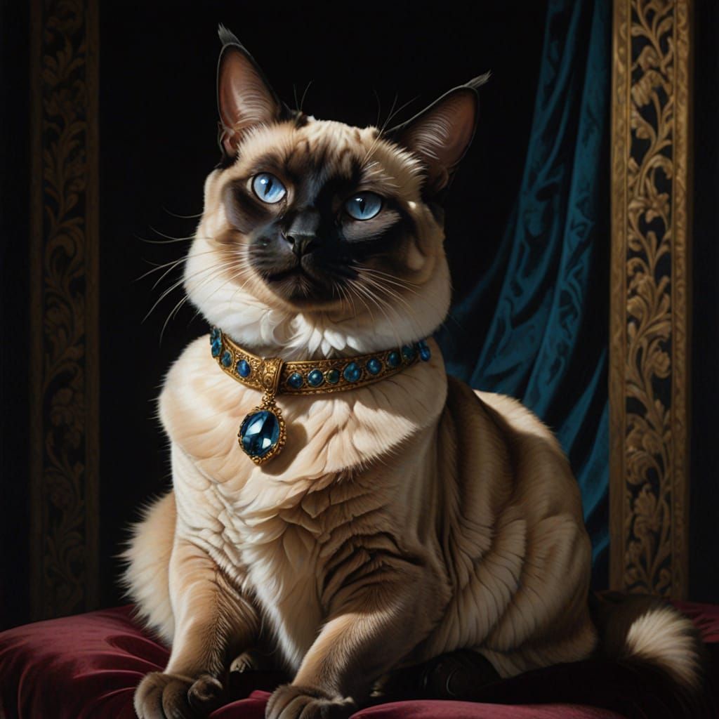 Regal Siamese Cat in Baroque Ballroom, Spectral Hummingbird